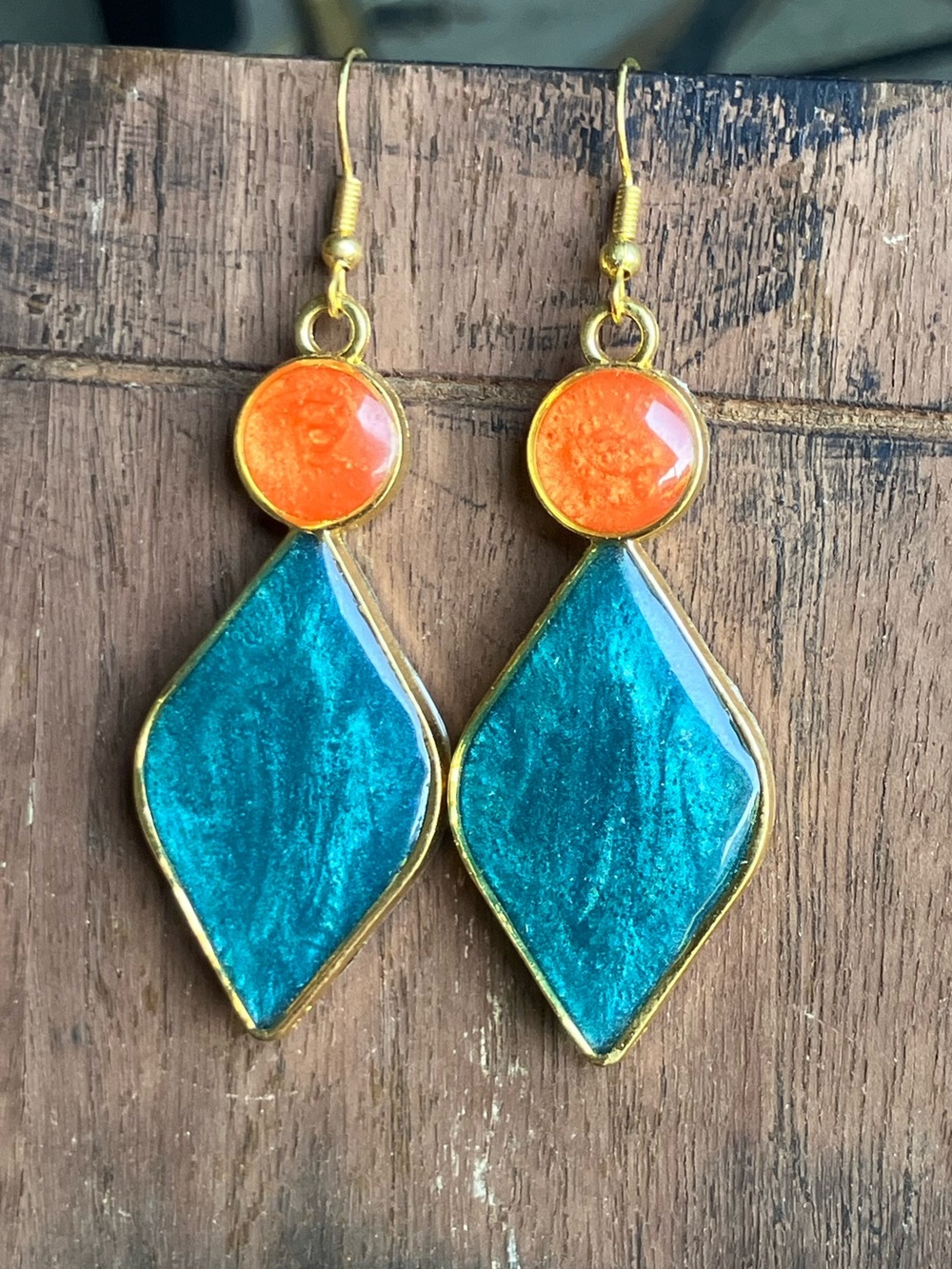 Teal and burnt orange geometric dangle earrings - Picture 3 of 4